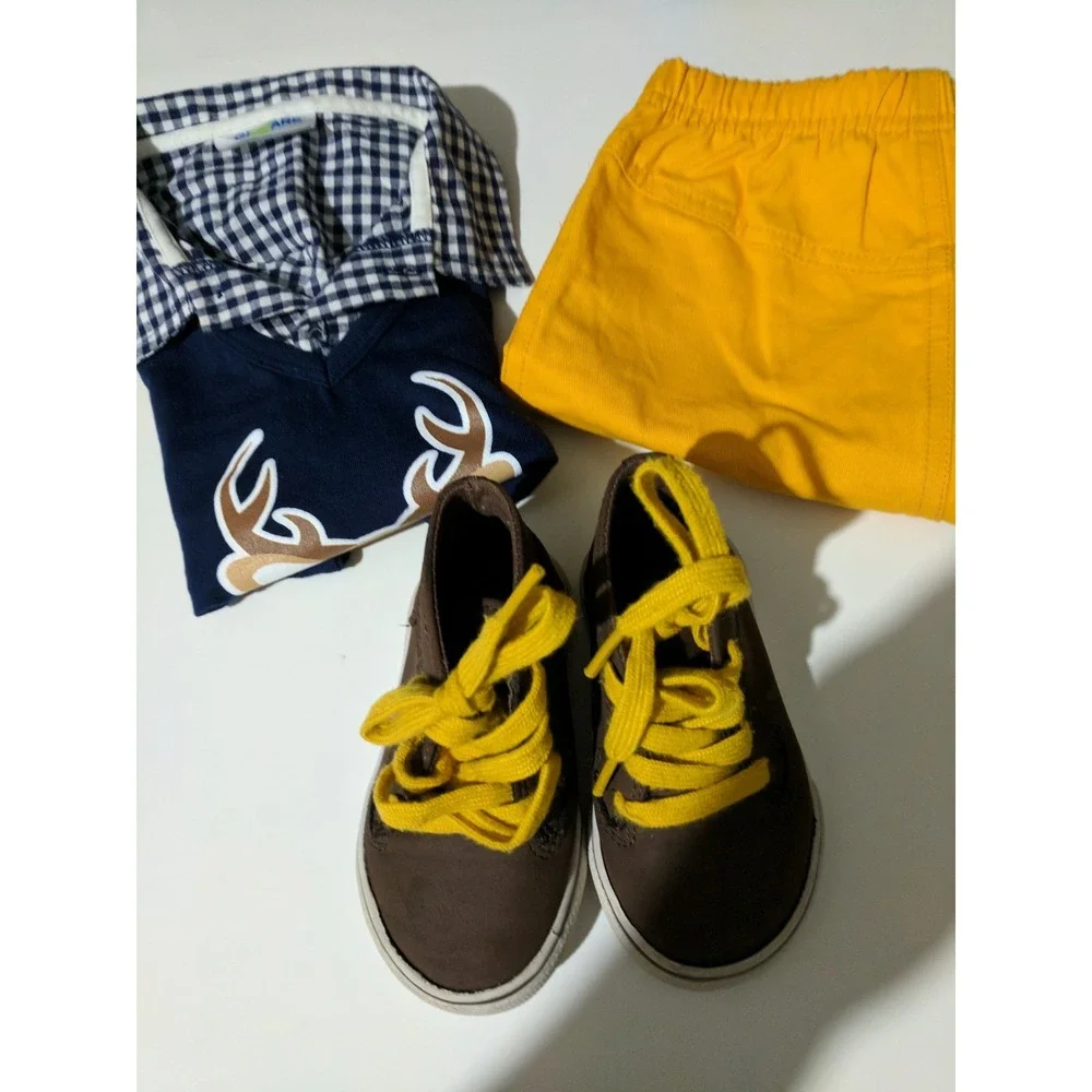 Boys toddler clothes 3 piece suit size 24 months blue/ yellow brown high tops